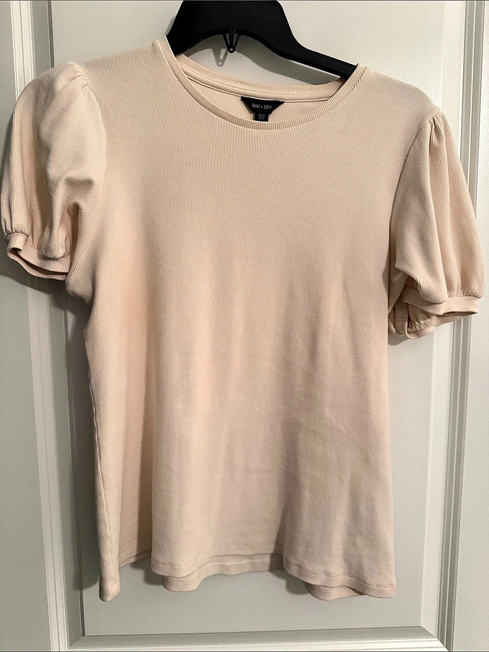 Saint + Sofia Cavendish Tee Puff Sleeve Ribbed Top Pink Size 16